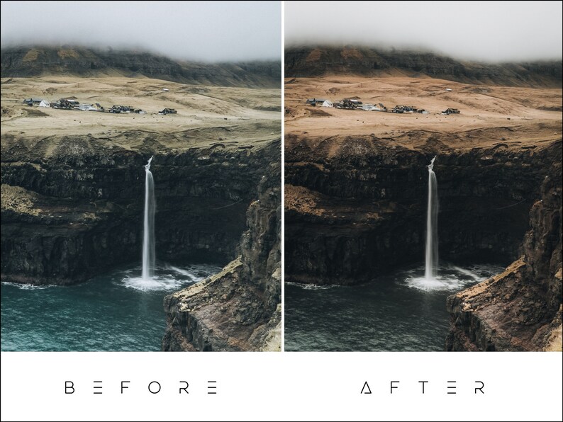 May include: A before and after image showing the difference in color grading. The before image shows a waterfall cascading down a cliff face with a foggy mountain in the background. The after image shows the same scene with a warmer color palette.