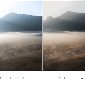 May include: A before and after image showing the difference in a photo editing technique. The before image shows a foggy landscape with a mountain in the background. The after image shows the same landscape with the fog enhanced and the colors more vibrant.