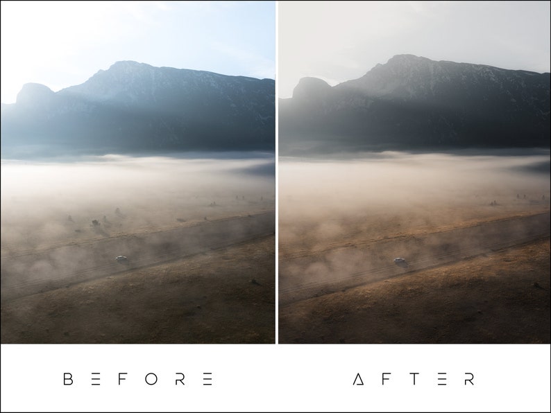 May include: A before and after image showing the difference in a photo editing technique. The before image shows a foggy landscape with a mountain in the background. The after image shows the same landscape with the fog enhanced and the colors more vibrant.