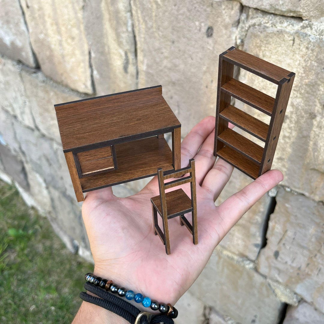 Handmade Miniature Wooden Furniture Set – Dollhouse Desk, Chair ...