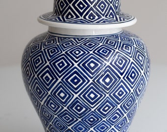 Blue Ceramic  Vase with Lid |  Geometric  Decoration |  Home Decor