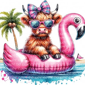 May include: A watercolor illustration of a Highland cow wearing sunglasses and a plaid bow, floating on a pink flamingo pool float. A palm tree and beach scene are in the background. The cow has brown fur and is in a tropical setting.