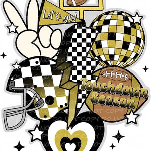 May include: A black and gold football themed graphic with a football, a disco ball, a helmet, a heart, a peace sign, a goal post, and the text "Let's go!" and "Touchdown Season".