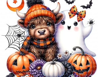 Halloween Highland Cow with Ghost | DTF Ready to Press or Sublimation Transfer