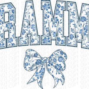 May include: A blue and white floral design with the word "GRAMMY" in a varsity style font. A blue and white floral bow is below the text.