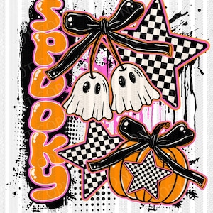 May include: A Halloween-themed graphic with the word "Spooky" in orange bubble letters. The design includes two white ghost figures, a pumpkin, and stars with checkered patterns, all adorned with black bows. The background has a grunge effect.