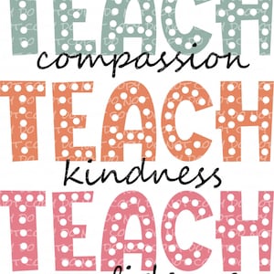 May include: A graphic design with the text "Teach compassion, Teach kindness, Teach confidence" in a white background. The text is in a bold, black font and is surrounded by a pattern of white polka dots on a light blue, orange, and pink background.
