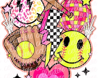 Smiley Softball Collage – Checkered Lightning Bolt, DTF/Sublimation Transfer