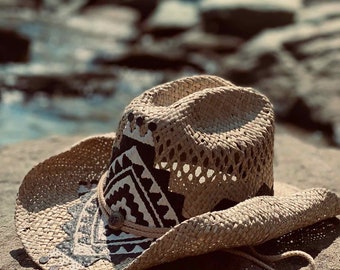 Walea Women's Summer Straw Cowboy Cowgirl Hat Sun Hats Wide Brim Beach Holiday Straw Hat with Shell Band