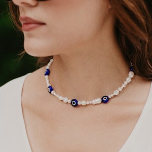Evil Eye Protection Pearl Necklace, Evil Eye Necklace, Evil Eye Choker, Greek Evil Eye Necklaces, Pearl Beads Necklace, Pearl Choker