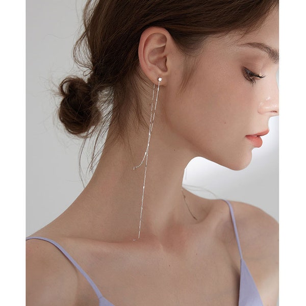 Extra long linear drop earrings/ Sterling Silver chain stud earrings