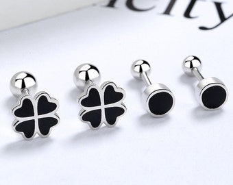 Screw back studs, Sleep earrings, Anti lost screw back earrings, Black four-leaf stud earrings, Black dot stud earrings, Unisex earrings