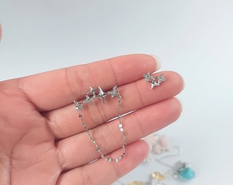 Star earring with chain drop, asymmetrical sterling silver earrings