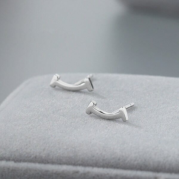 Smile  Earrings, 14K Gold Plated Sterling Silver Stud Earrings, Minimalist Curved Bar Earrings