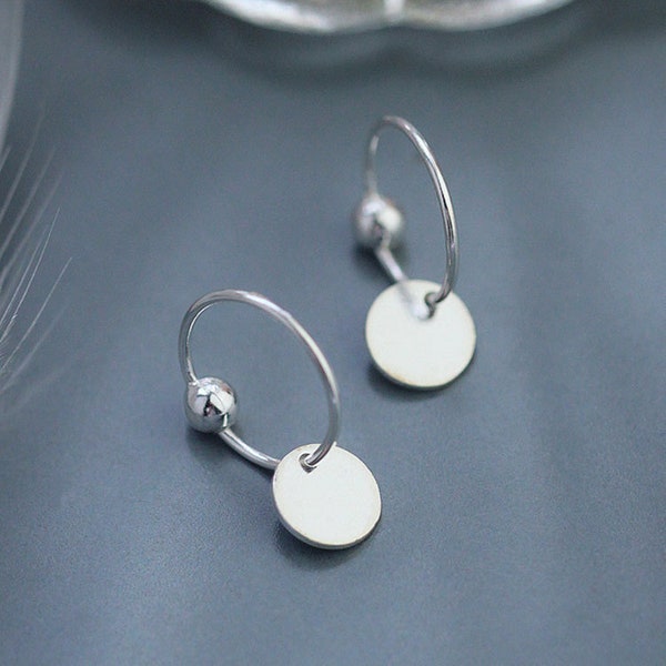 Disc hoop earrings,  Sterling silver coin earrings