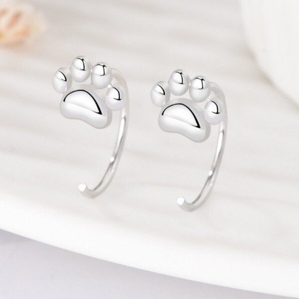 Sterling silver paw print open hoop earrings,  minimalist earrings