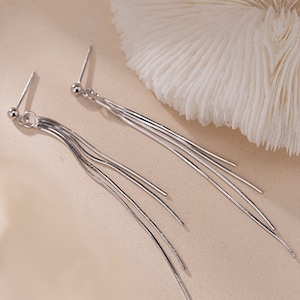 Long dangle earrings, long herringbone chain stud earrings, wedding/party earrings,Sterling silver earrings image 1