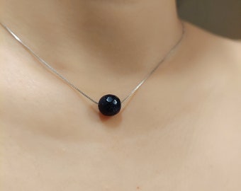 Blue Sandstone Pendant Necklace.  Faced Gemstone Bead Necklace.  Floating Peadant Necklaces. Sterling Silver Pin End Chain