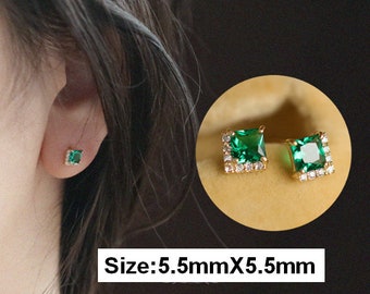 Boucles d’oreilles en zircone cubique verte, boucles d’oreilles carrées, boucles d’oreilles en zircone cubique blanche