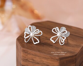 Flower earrings, Bloom Stud Earrings, s999 silver studs for sensitive ears