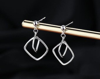 Sterling Silver double square drop ear studs, sway stud earrings