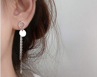 Sterling Silver Round Disc Chain Stud Earrings, Asymmetrical Long Chain Earrings