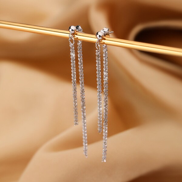 Lange ketting Stud Oorbellen, S925 Sparkle Chain Drop Oorbellen, Kwastje Oorbellen, Evenement Cadeau