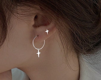 Star ear hoop and stud, s925 Asymmetric earrings