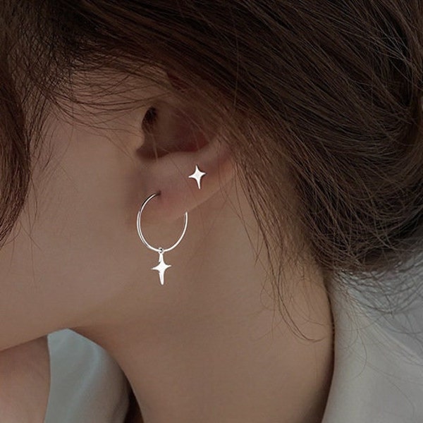 Star ear hoop and stud, s925 Asymmetric earrings