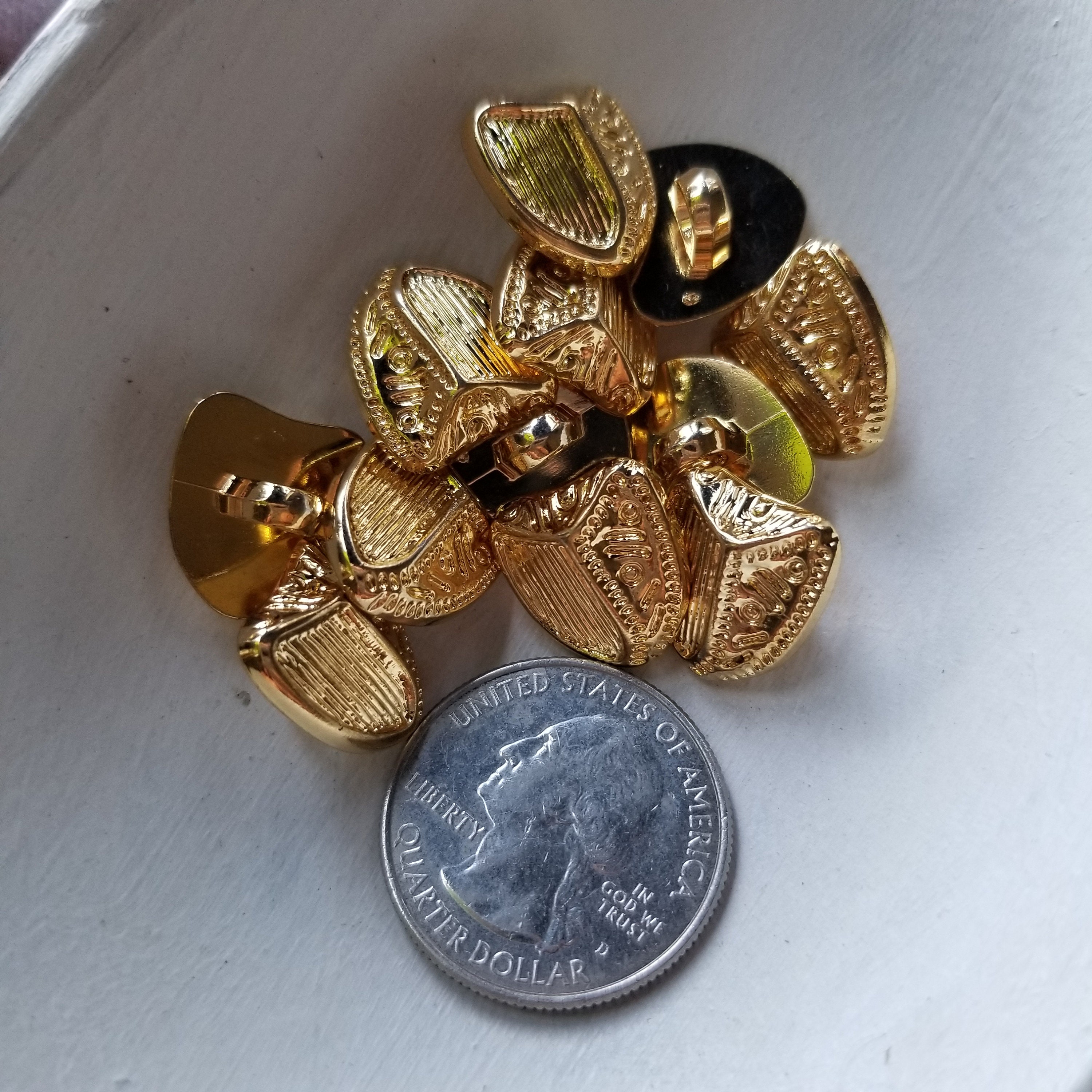 Golden Plastic Shield Shaped Shank Buttons, Small Gold Buttons, Sewing