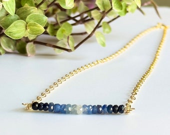 Blue Sapphire Ombré Gemstone Bar Necklace, 14k Gold-Filled chain and clasp, September Birthstone, gifts for her