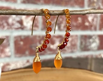 Ombré Orange Carnelian Marquee Gemstone Earrings, Brass, gifts for her