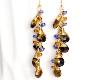 Pendientes artesanales de ojo de tigre con flecos: tanzanita y granate, chapados en oro de 14k.