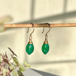 Green Onyx Gemstone Drop Earrings, AAA Gemstones, wire-wrapped with 14k Gold-Filled wire, gifts for her