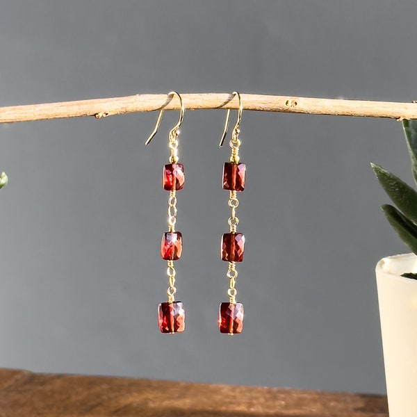 Luxe, AAA Red Garnet Drop Earrings, 14k Gold Filled, January Birthstone Jewelry, gifts for her