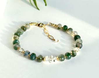 Pulsera de cuentas de ágata musgosa y diamante Herkimer - Relleno de oro de 14 k - Joyería de lujo hecha a mano con piedras preciosas