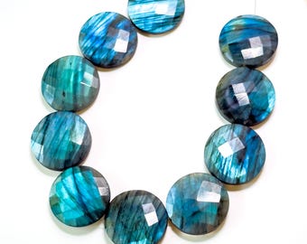 Cuentas briolette de piedra preciosa de labradorita azul facetada en forma de círculo de 30 mm, perforación recta, elija su cantidad
