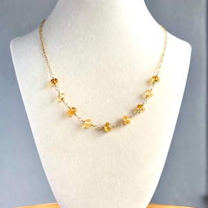 Citrine Gemstone Beaded Necklace, 14k Gold Filled Chain, Wire-Wrapped, Handmade Jewelry, November Birthstone, Gifts for Her