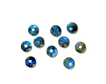 Cuentas de briolette de piedra preciosa de labradorita azul facetada en forma de círculo de 10 mm, perforadas rectas, cantidad de 5 o 10