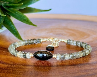 Pulsera de cuarzo turmalina y ónix negro: Joyería de plata de ley con piedras preciosas
