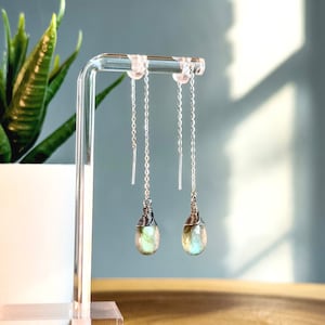 Sterling Silver, Labradorite Gemstone Threader Drop Earrings, 3 inches long, Handmade Jewelry, Labradorite Briolette Earrings, gifts for her