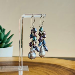 Lustrous Peacock Pearl and Gray Baroque Pearl dangle earrings, Sterling Silver Metals, Handmade jewelry, gifts for her
