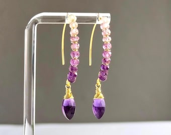 Pendientes de aro con amatista talla marquesa, de latón o plata, regalos para ella.
