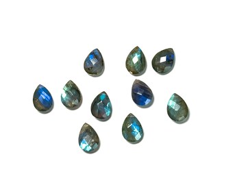 Cuentas de labradorita azul facetadas tipo briolette, 10 x 14 mm, piedra preciosa con forma de lágrima perforada lateralmente. Elija la cantidad.