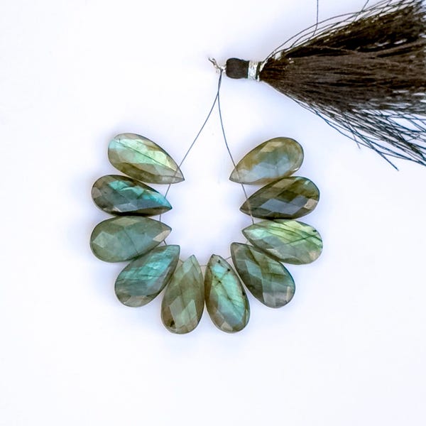 Green Faceted Labradorite Gemstone Briolette Beads, 20x10mm, side drilled, choose your quantity