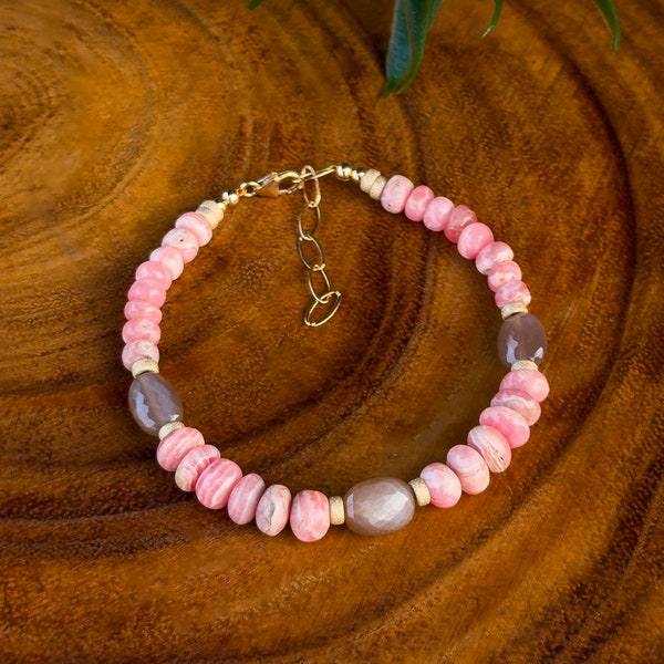 Luxe, Rhodochrosite and AAA Chocolate Moonstone Gemstone Bracelet, 14k gold filled, handmade jewelry, gifts for her
