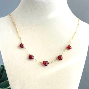 Valentines Red Garnet Heart Gemstone Beaded Necklace, 14k Gold Filled Chain, Handmade Jewelry, January Birthstone Necklace, gifts for her