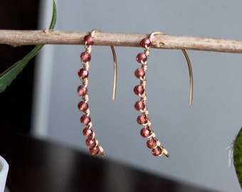 Minimalist, Red Garnet Gemstone Threader Hoop Earrings, 14k Gold Filled, gifts for her, handmade jewelry, earring shop