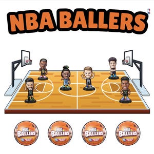 May include: A set of six NBA Ballers basketball player figurines standing on a graphic basketball court illustration. The text NBA BALLERS appears in large orange letters at the top, with four basketballs featuring the same logo below.