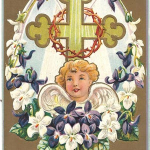 Cartolina d'epoca circa 1909 auguri di Pasqua in rilievo angelo fiori croce della chiesa